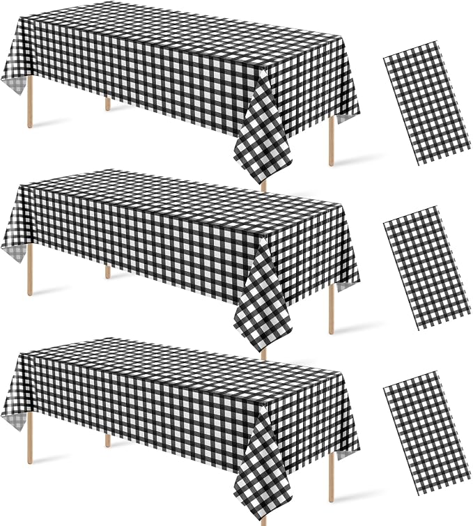 3Pcs Black and White Gingham Tablecloth Decorations, Disposable Plastic Black Checkered Tablecloth Buffalo Plaid Table Cover for Baby Shower Bridal Wedding Birthday Party Supplies,54 x 108 Inch