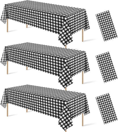 3Pcs Black and White Gingham Tablecloth Decorations, Disposable Plastic Black Checkered Tablecloth Buffalo Plaid Table Cover for Baby Shower Bridal Wedding Birthday Party Supplies,54 x 108 Inch