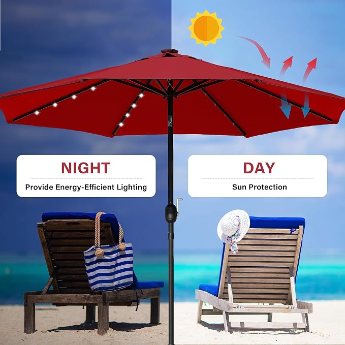 YSSOA 9' Solar Umbrella 32 LED Lighted Patio Umbrella Table Market Umbrellas with Push Button Tilt/Crank Outdoor for Garden, Deck, Backyard and Pool, Red