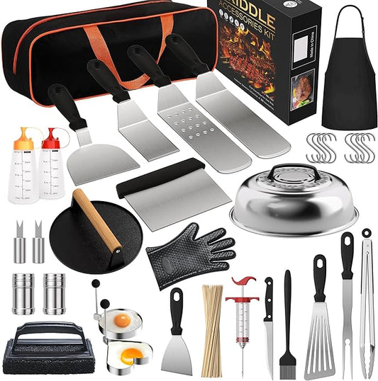 134 Pcs Griddle Accessories Kit, Perfect Hibachi Flat Top Grill Tools for Blackstone and Camp Chef, Enlarged Beefed-up Grill Spatula Gift Set with Basting Cover, Burger Press for Outdoor BBQ.