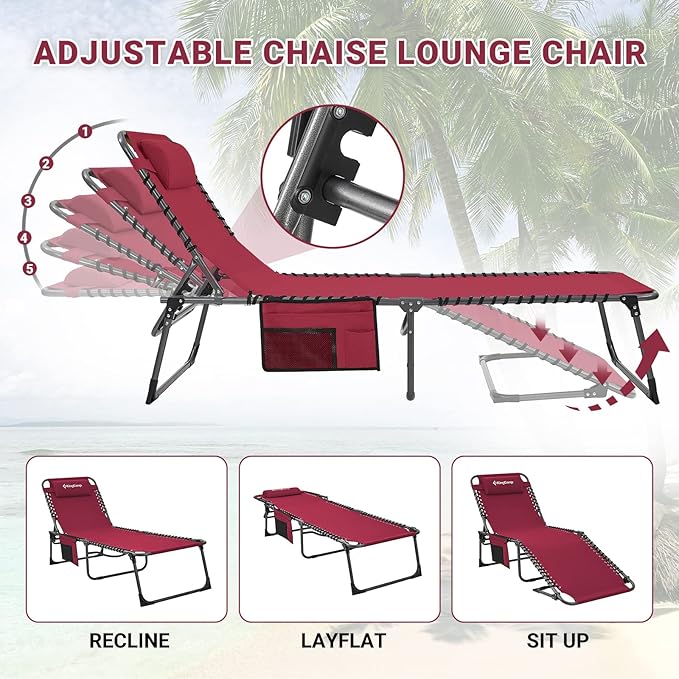 KingCamp Lounge Chair Outdoor, Folding Portable Tanning Chairs Comfy Adjustable 5-Position Lay Flat Foldable Chaise Chaser Lounger with Pillow for Outside Beach Patio Sun Bathing Pool Backyard, Wine