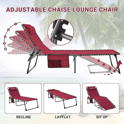 KingCamp Lounge Chair Outdoor, Folding Portable Tanning Chairs Comfy Adjustable 5-Position Lay Flat Foldable Chaise Chaser Lounger with Pillow for Outside Beach Patio Sun Bathing Pool Backyard, Wine