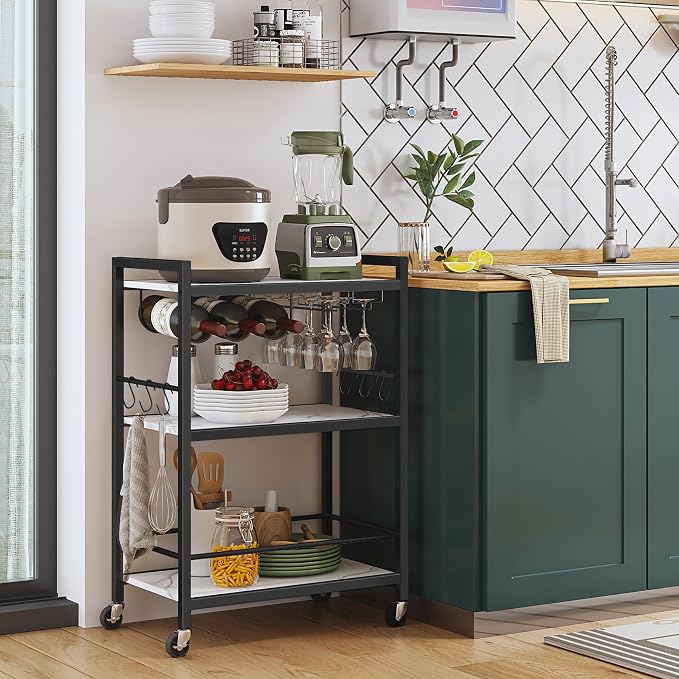 TUTOTAK Bar Cart with Wheels, Drink Cart with Wine Rack and Glass Holder | 3-Tier 23.7 Inch Wide Home Bar Serving Carts, Small Mobile Kitchen Shelf with 6 Hooks, Marble White BC01BM030