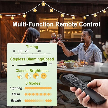 Outdoor-String-Lights-Patio-LED-Light-Outside 30FT Waterproof Dimmable Remote Outdoor Lighting G40 Globe Plastic LED Bulbs Hanging Lights Connectable for Backyard Porch Party 1FT Bulbs Spacing