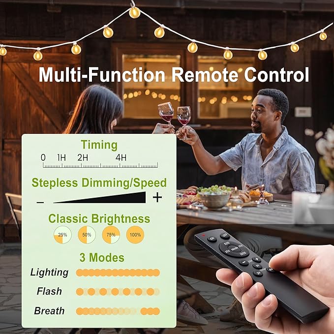 Outdoor-String-Lights-Patio-LED-Light-Outside 75FT Waterproof Light with Remote Dimmable 75 G40 Shatterproof Bulb Connectable Hanging Outdoor Lighting for Backyard Porch Party 12 inch Bulb Apart