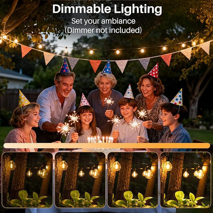 50 FT Outdoor String Lights G40 Globe Shatterproof Patio Lights,26 Plastic Edison Bulbs(2 Spare) IP65 Waterproof Dimmable LED Bulbs for Backyard Porch Balcony Party Decor, E12 Base, 2200K