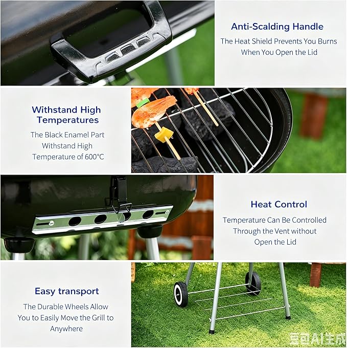 Portable Charcoal Grill with Foldable Side Shelf & Bottom Shelf, BBQ Smoker with Wheels and Adjustable Lid Vents for Picnic, Camping, Backyard Cooking (35" x 23.5"x 32.75")