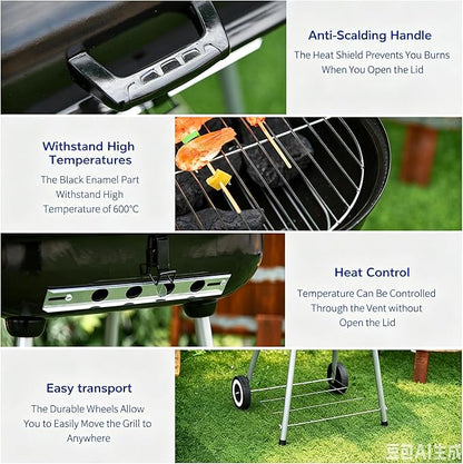 Portable Charcoal Grill with Foldable Side Shelf & Bottom Shelf, BBQ Smoker with Wheels and Adjustable Lid Vents for Picnic, Camping, Backyard Cooking (35" x 23.5"x 32.75")