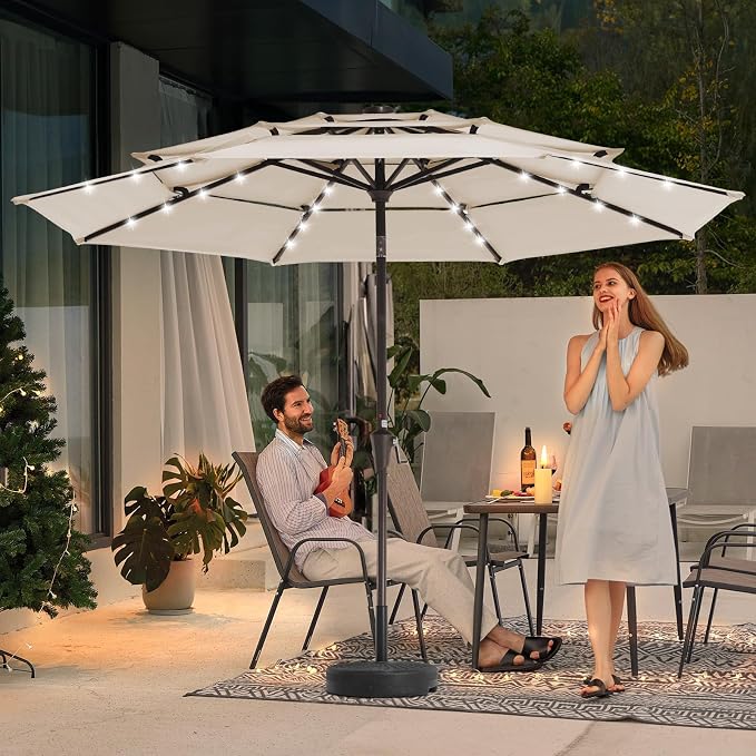 JEAREY 9 ft 3-Tier Outdoor LED Lighted Patio Umbrella w/Crank, Beige | Solar Market Table Umbrella with 8 Sturdy Ribs, UV Protection Waterproof Sunproof for Garden, Deck and Backyard