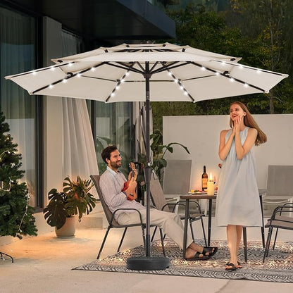 JEAREY 9 ft 3-Tier Outdoor LED Lighted Patio Umbrella w/Crank, Beige | Solar Market Table Umbrella with 8 Sturdy Ribs, UV Protection Waterproof Sunproof for Garden, Deck and Backyard