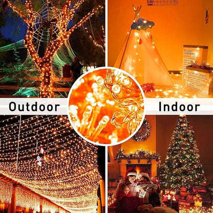 JMEXSUSS 33ft 100 LED Orange Christmas Lights, Battery Operated Christmas Lights, Orange String Lights with Remote Indoor Outdoor Waterproof for Fall Xmas Decorations (Pack of 2)