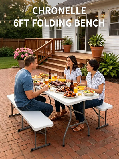 6FT Folding Bench, Fold‑in‑Half with Carrying Handle, 2 Pack | Heavy Duty Portable Plastic Bench for Dining Table, Patio , Garden & Soccer Sideline, White Foldable , Easy to Store & Carry
