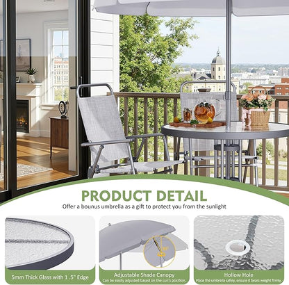 Shintenchi 6 Piece Outdoor Patio Furniture Set, Small Outdoor Patio Dining Table and Chairs Set, Outdoor Seating with Umbrella for Backyard, Balcony, Front Porch, Ice Silver