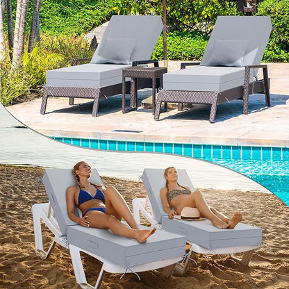 Outdoor Water-Resistant Olefin Chaise Lounge Cushions with Pillow, Weather and Fade Resistant Patio Furniture Lounge Chair Cushion Ideal for Patio, Lawn, Garden, Light Gray, 72"L x 21"W x 5"T