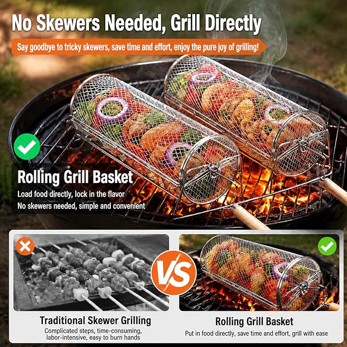 Gisafai Gifts for Dad Husband 2 Set Rolling Grill Baskets, 304 Stainless Steel, Removable Wooden Handle, Nesting Grilling Net BBQ Accessories Tools for Outdoor Camping Gifts