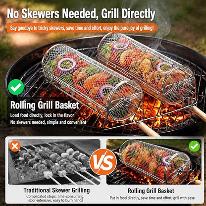 Gisafai Gifts for Dad Husband 2 Set Rolling Grill Baskets, 304 Stainless Steel, Removable Wooden Handle, Nesting Grilling Net BBQ Accessories Tools for Outdoor Camping Gifts
