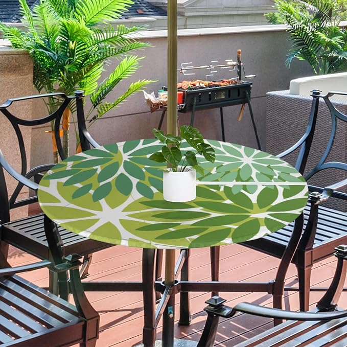 Round Tablecloth with Umbrella Hole and Zipper Elastic Fitted Table Cloth 45"-56" Oil-Proof Waterproof Patio Table Cover for Outdoor Picnic Party, Spring Summer Geometric Elegant Dark Light Green
