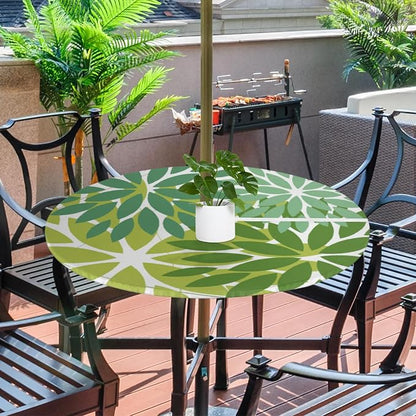 Round Tablecloth with Umbrella Hole and Zipper Elastic Fitted Table Cloth 36"-44" Oil-Proof Waterproof Patio Table Cover for Outdoor Picnic Party, Spring Summer Geometric Elegant Dark Light Green