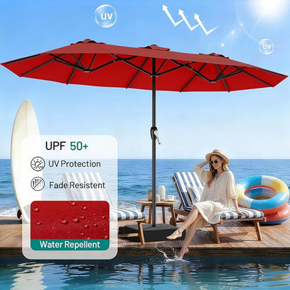 AreShark 15ft Patio Umbrella with Base, Double Sided Outdoor Umbrella with 12 Fiberglass Ribs, Large Outdoor Umbrella for Garden, Pool, Deck, Backyard & Market, Red