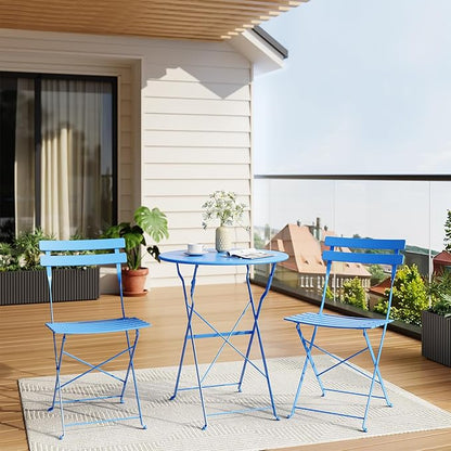 Bistro Table and Chairs Set of 2, 3 Piece Outdoor/Indoor Folding Patio Bistro Sets, 2 Chair Patio Furniture Set with Table, Premium Frame Foldable Coffee Tables for Balcony, Yard, Garden, Blue