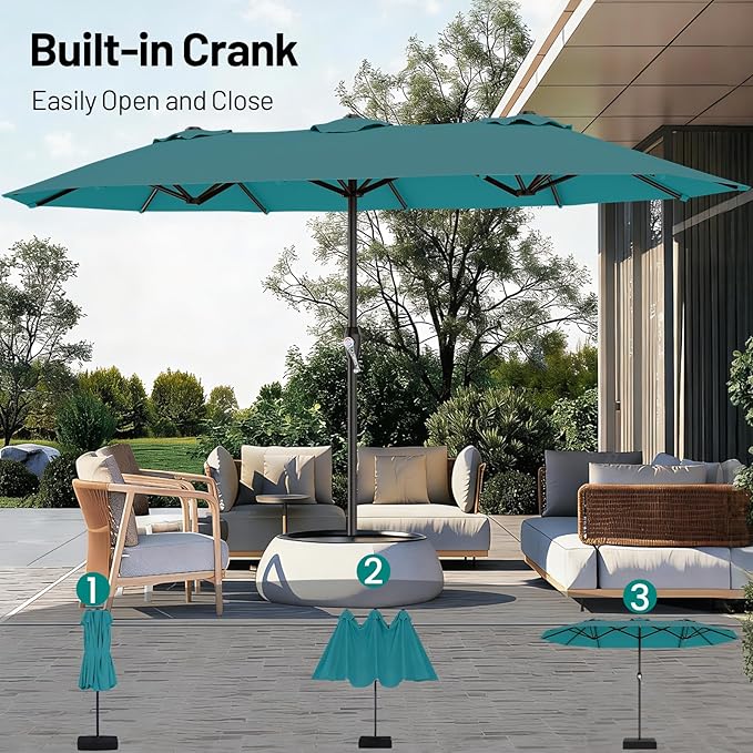 AreShark 15FT Outdoor Patio Umbrella with Crank, Large Rectangular Market Umbrella, Double-Sided Outdoor Umbrellas with Cross Base & Sandbag for Porch, Lawn, Pool, Backyard, Lake Blue