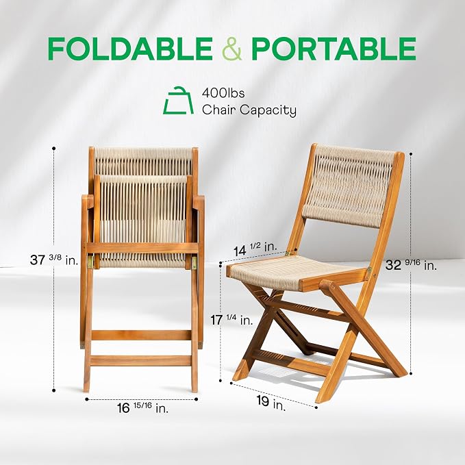 Wood Rope Design Bistro Chairs, Folding Patio Set of 2 Chairs – Heavy-Duty 400lbs Capacity Outdoor Seating for Balcony, Garden, or Porch