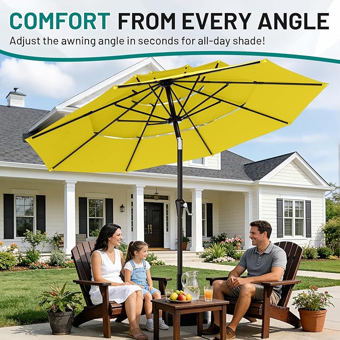 AreShark 9ft 3-Tier Patio Umbrellas, Outdoor Umbrella with 8 Sturdy Ribs UV Protection Windproof, Market Table Umbrella w/Push Button Tilt & Crank for Pool, Porch, Deck, Garden(Yellow)
