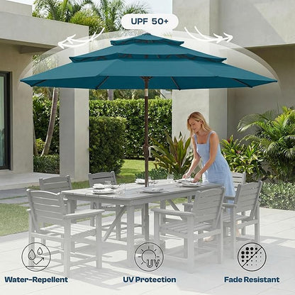 10ft Patio Umbrella, 3 Tier Outdoor Market Table Umbrellas with 8 Fiberglass Ribs and Push Button Tilt, Windproof, Vented Canopy, UV Protection for Deck, Pool, Backyard