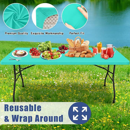 Moosfor 2 Pack Rectangle Spandex Fitted Table Cloth, 8FT Elastic Tablecloth | Washable Picnic Table Cover, Stretch Waterproof Table cloths for Party, Patio, Dining, Kitchen, 30" x 96", Aqua Blue
