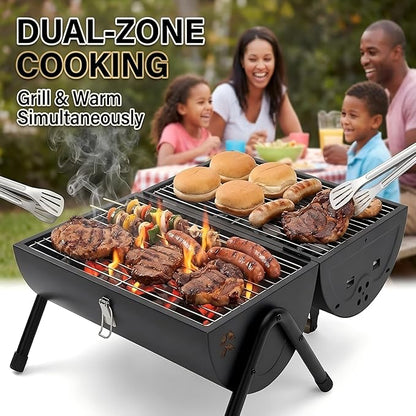 Portable Charcoal Grill, 22" x 17"Small Tabletop BBQ Grill,Dual-Zone Grilling,Heavy Duty Steel, Easy Assembly, Compact & Portable for Outdoor Camping,Picnic,Tailgate,Backyard Party