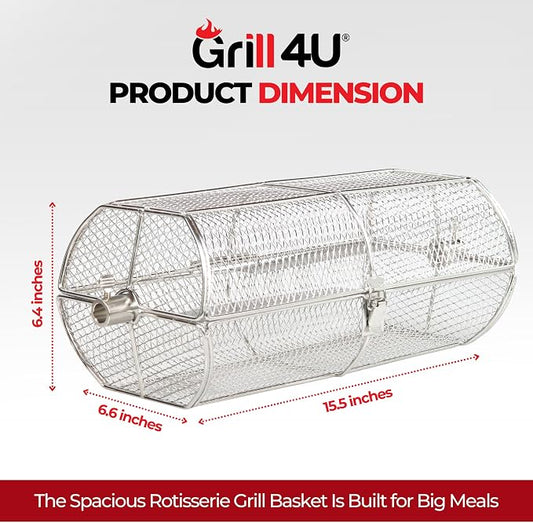 Rotisserie Basket for Outdoor Grill (15.4" x 6.8" x 6.4") - Heavy Duty Stainless Steel BBQ Basket with Reinforced Latch & Safety-Smooth Edges - Splits Apart for Easy Cleaning - Fits Most Grills