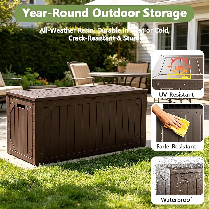 Outdoor Storage Box, 95 Gallon Deck Box Outdoor Storage Bench, Outside Waterproof Resin Storage Bench, Lockable Patio Cushions, Garden Tools Storage for Furniture, UV Resistant (Brown)