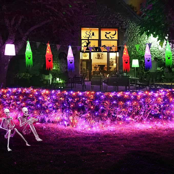 Pooqla Orange and Purple Halloween Net Lights Outdoor, 21x 5ft Green Wire | 360 LED Large Net Mesh Lights Plug in, 8 Modes Waterproof Connectable Bushes Lights for Halloween Hedge Yard Decor