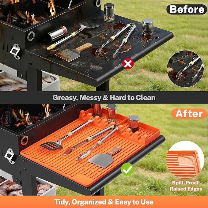 Silicone Grill Mats for Outdoor Grill - Heat Resistant Griddle Mat for BBQ Tools & Griddle Accessories, Easy to Clean Reusable Side Shelf Pad for Cooking, Grilling, Kitchen Counter (Orange)