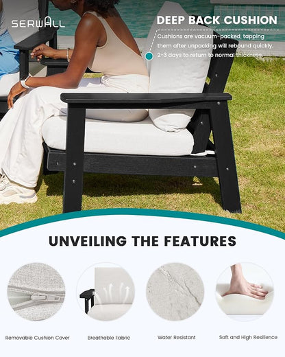 SERWALL HDPE Outdoor Patio Loveseat, All Weather Wood-Like Outdoor Sofa HDPE Outdoor Furniture, Black Frame and Khaki Cushion