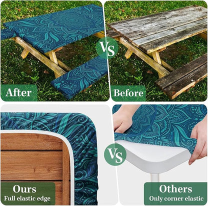 Picnic Table Cover with Bench Covers Elastic Edges, Boho Teal Camper Fitted Table Cover, Outdoor Camping Essentials 72 Inch 3PCS, Waterproof Camping Fitted Tablecloth with Drawstring Bag