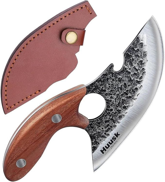 Huusk Knives, Viking Boning Knife for Meat Cutting, Small Ulu Knife, Hand Forged Full Tang Caveman Ultimo Knives for Kitchen or Camping Christmas Gift for Men and Women