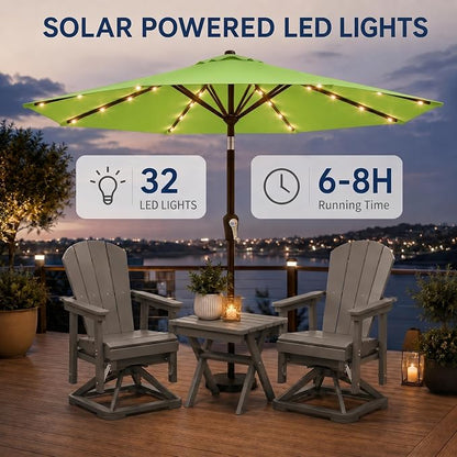 10FT Solar Patio Umbrella with Lights, Outdoor Table Market Umbrella with 32 LED Lights, 8 Sturdy Ribs, Push Button Tilt and Crank for Pool, Deck and Garden, UV-Resistant