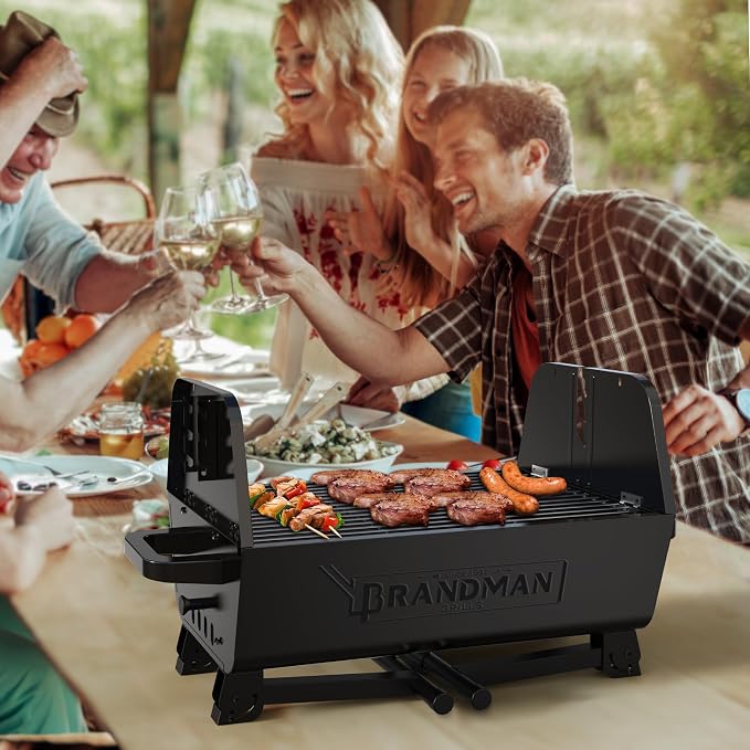 BRANDMAN GRILLS SINCE 1987 2 in 1 Portable Charcoal BBQ Rotisserie Grill with Motorized Kit 21 Inch Folding BBQ Grill 3 Level Height Lightweight for Backyard Outdoor Camping