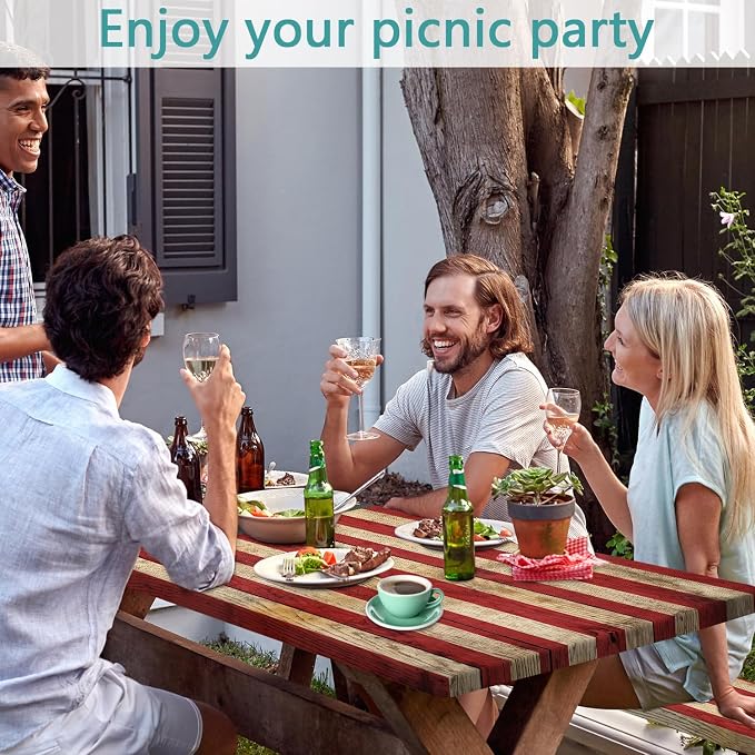 Retro American Flag Picnic Table Cover with Bench Covers Set | Wood Texture Waterproof Elastic Edges Camping Tablecloths Fitted Picnic Table Cover for Outdoor, Camping, 3Pcs 30x96 Inch