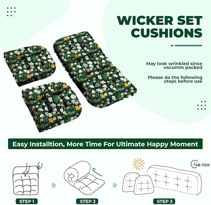 DANGHOOGY Wicker Chair Cushions, Waterproof Outdoor Loveseat Cushions for Patio Furniture, Tufted Wicker Furniture Cushions, 1 Loveseat and 2 U-Shaped Cushions (Green Floral)
