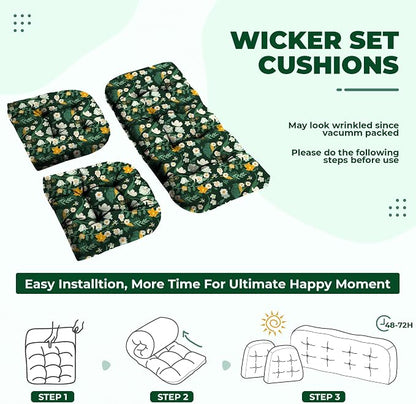 DANGHOOGY Wicker Chair Cushions, Waterproof Outdoor Loveseat Cushions for Patio Furniture, Tufted Wicker Furniture Cushions, 1 Loveseat and 2 U-Shaped Cushions (Green Floral)
