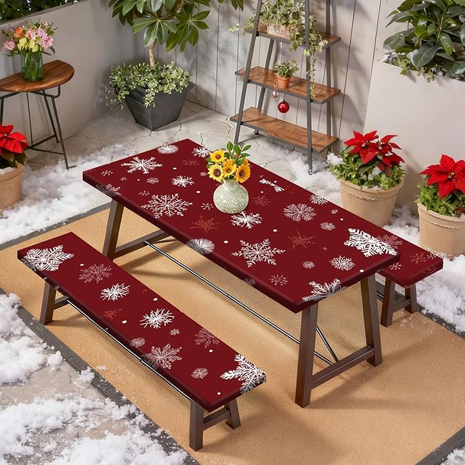 Christmas Picnic Table Cover with Bench Covers Set, Elastic Fitted Tablecloth for Outdoor Picnic Tables, Red Snowflake Pattern, Durable Vinyl Table Cover for Camping, BBQs, and Parties