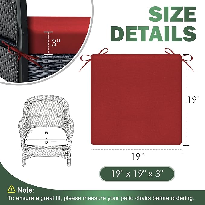 Outdoor Chair Cushions Set of 2, 19x19x3 Inch Waterproof & Fade Resistant Patio Furniture Seat Cushions with Ties, Square Outdoor Dining Chair Cushions for Lawn, Garden, Deck & Yard, Burgundy