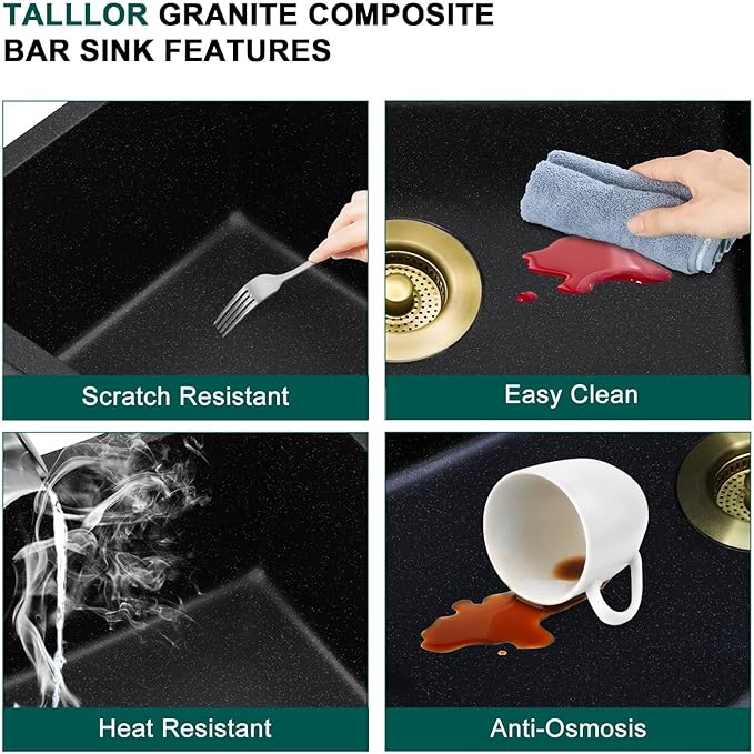 21x18 Inch Undermount Bar Sink Workstation - Matte Black Granite Composite Single Bowl Classic Quartz Under Counter Wet Prep Sink for Kitchen Bar, RV, Boat, and Outdoor #TLGU-129