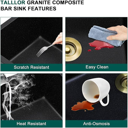 21x18 Inch Undermount Bar Sink Workstation - Matte Black Granite Composite Single Bowl Classic Quartz Under Counter Wet Prep Sink for Kitchen Bar, RV, Boat, and Outdoor #TLGU-129