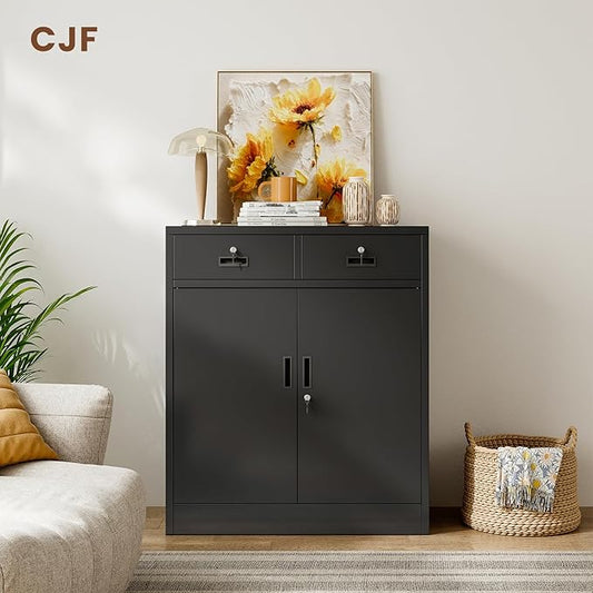 CJF Pantry Cabinet with 2 Drawer, Metal Pantry Storage Cabinets with Doors and 2 Adjustable Shelves, 36" H Locking Cabinet for Kitchen Storage, Home, Garage, Utility Room and Basement, Black