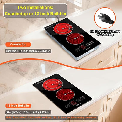 Dual Heating Coil Design of 2 Burner Electric Cooktop, 1800W Commercial Ceramic Infrared Cooking Hot Plate, Portable Countertop or Built-in Radiant Stove Top Cooker with WATT and TEMP Control