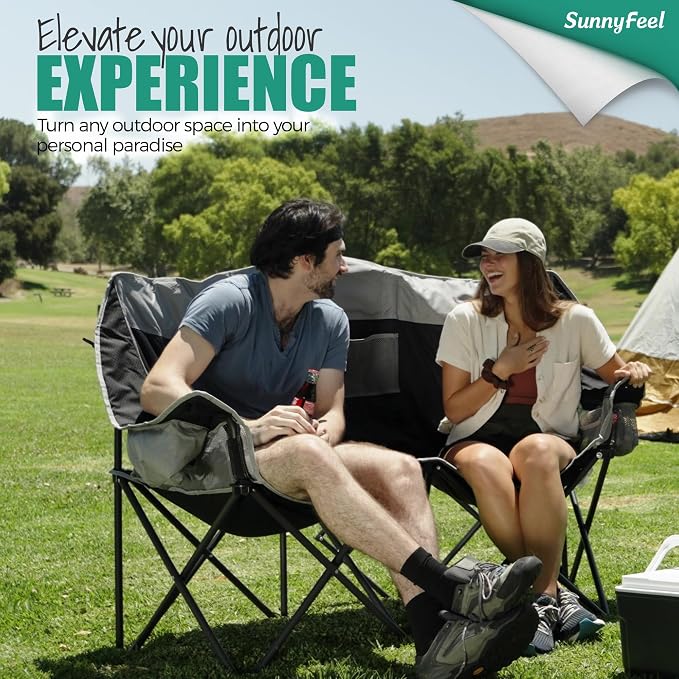 SUNNYFEEL Double Camping Chair Oversized Loveseat for Adults | 600LBS Heavy Duty Padded Camping Couch with Cup Holder, Storage Pockets & Carry Bag for Patio RV/ Lawn/ Backyard
