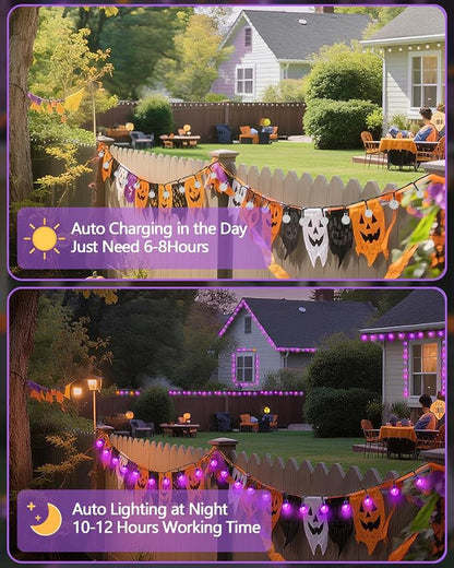 LORRYTE 2 Pack 64FT 100 LED Crystal Globe Solar Halloween Lights, Purple | Halloween String Lights Outdoor Waterproof, 8 Modes, Solar Powered Halloween Decorations for Outside Garden Patio Party Yard